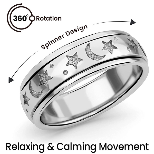 Platinum Overlay Sterling Silver Moon & Star Spinner Ring