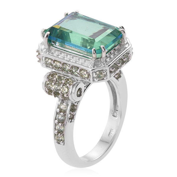 Peacock Quartz (Oct 7.50 Ct),Songea Green Sapphire Ring in Platinum Overlay Sterling Silver 10.500 Ct.