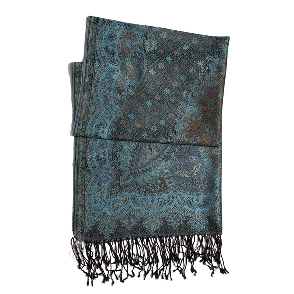 SILK MARK - 100% Superfine Silk Black and Multi Colour Paisley Pattern Blue Colour Jacquard Jamawar Scarf with Fringes (Size 180x70 Cm) (Weight 125-140 Grams)