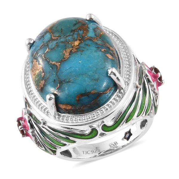 GP 17 Ct Blue Turquoise and Multi Gemstone Classic Enameled Ring in Platinum Plated Silver