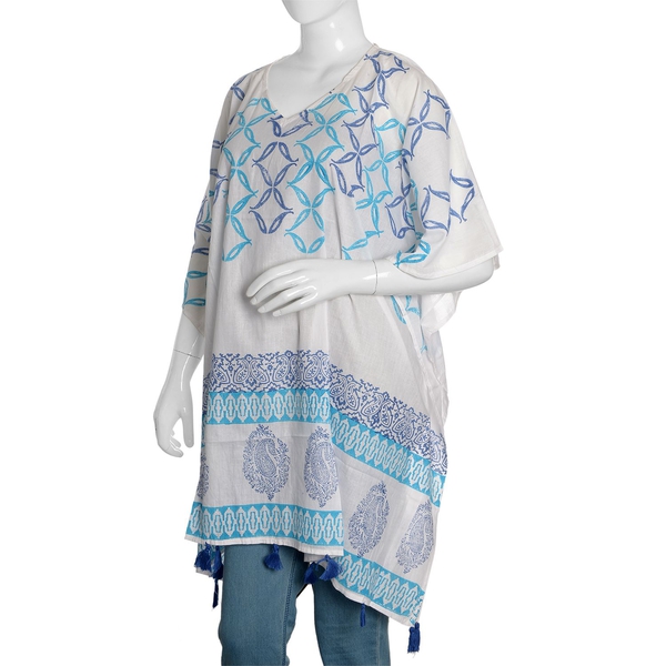New Season-100% Cotton Light Blue, Dark Blue and White Colour Hand Block Medellin and Paisley Printed Kaftan with Tassels (Free Size)