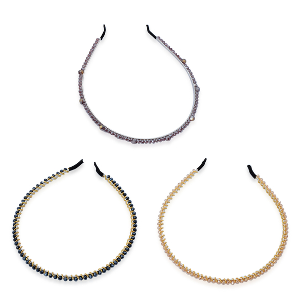 Set of 3 - Light Purple, Dark Blue and Champagne Glass Bead Head Band in Silver and Gold Tone