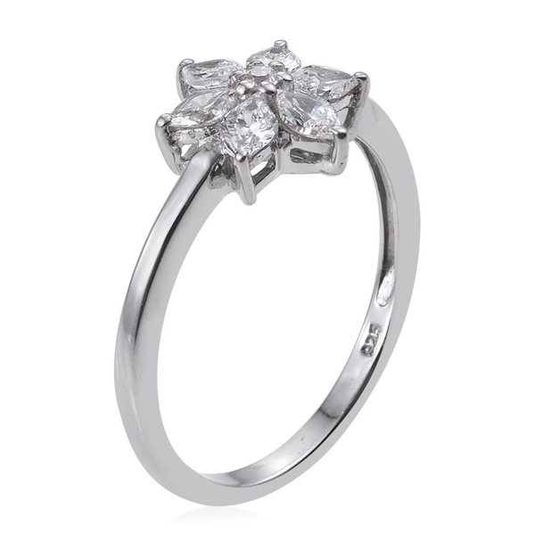 Lustro Stella - Platinum Overlay Sterling Silver (Rnd) Floral Ring Made with Finest CZ