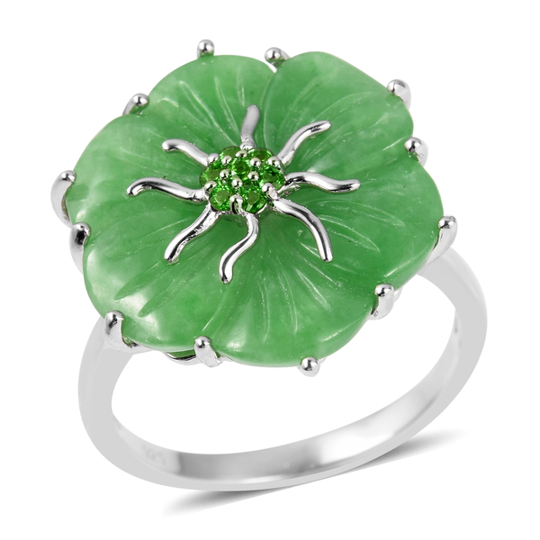 11.35 Ct Carved Green Jade and  Diopside Floral Ring in Rhodium Plated Silver
