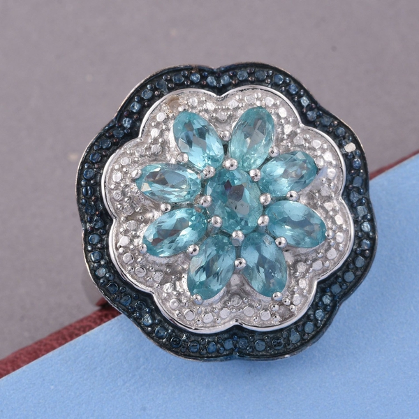 Paraiba Apatite (Ovl), Blue and White Diamond Floral Ring in Platinum Overlay Sterling Silver 2.500 Ct.