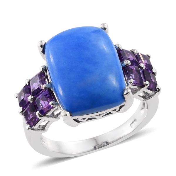 Ceruleite (Cush 7.75 Ct), Amethyst Ring in Platinum Overlay Sterling Silver 9.250 Ct.