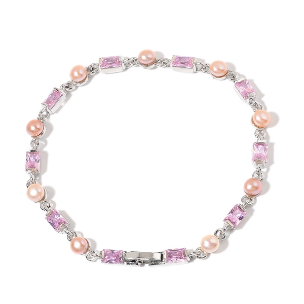 Fresh Water Pink Pearl and Simulated Pink Diamond Bracelet (Size 8) in Silver Tone