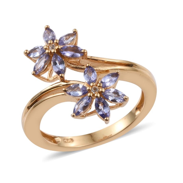 Tanzanite (Mrq), White Topaz Twin Floral Crossover Ring in 14K Gold Overlay Sterling Silver 1.050 Ct