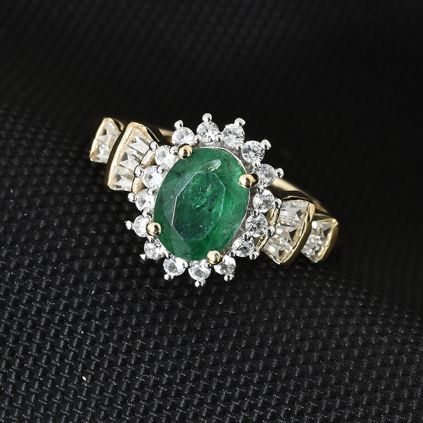 9K Yellow Gold AA Kagem Zambian Emerald (Ovl), Natural Cambodian Zircon Ring 2.000 Ct.