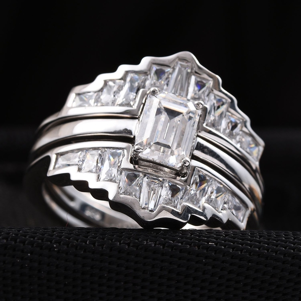 Lustro Stella - Platinum Overlay Sterling Silver (Oct) 2 Ring Set Made with Finest CZ