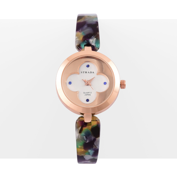 Designer Inspired-STRADA Japanese Movement Blue Austrian Crystal Studded White Dial Water Resistant Watch in Rose Gold Tone with Multi Colour Strap