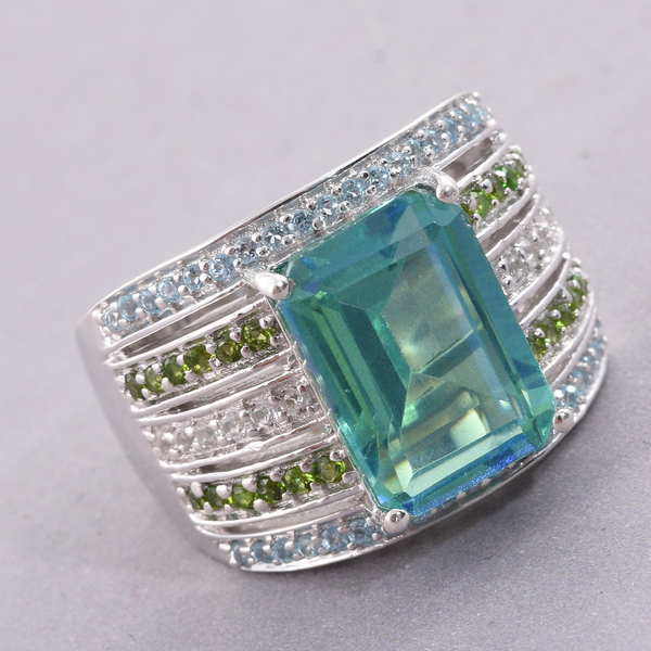 Peacock Quartz (Oct 7.85 Ct), Chrome Diopside, Electric Swiss Blue Topaz and White Topaz Ring in Platinum Overlay Sterling Silver 9.000 Ct. Silver Wt 11.85 Gms