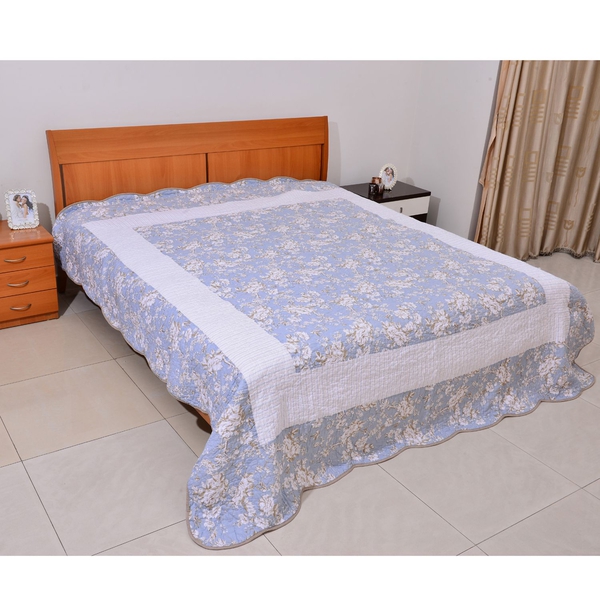 100% Cotton White, Blue and Chocolate Colour Floral and Stripe Pattern 4 Season Quilts (Size 260x240