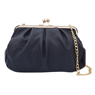 Clutch Bag with Metallic Lock and Long Chain Strap  - Navy