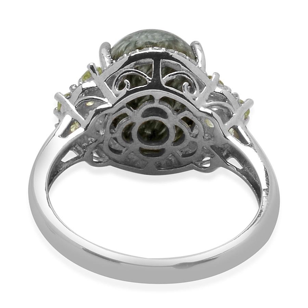 Siberian Seraphinite (Ovl 5.00 Ct), White Topaz and Hebei Peridot Ring in Platinum Overlay Sterling Silver 5.250 Ct. Silver wt. 3.22 Gms.