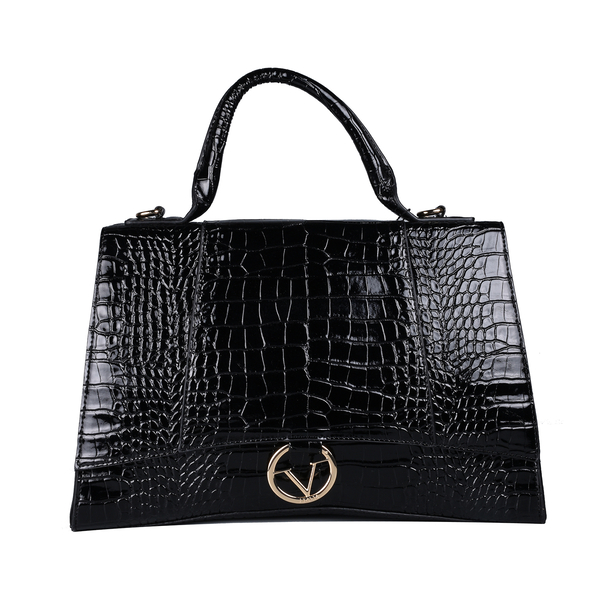 19V69 ITALIA by Alessandro Versace Crocodile Pattern Satchel Bag with Detachable Stap and Metallic Clasp Closure (Size 35x23.5x13cm) - Black