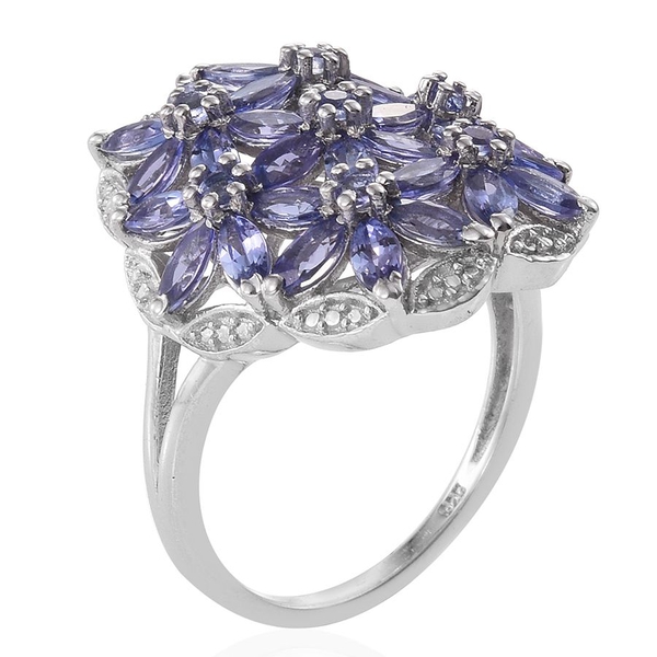Tanzanite (Mrq) Floral Cluster Ring in Platinum Overlay Sterling Silver 4.250 Ct.