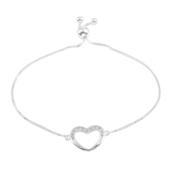 JCK Vegas Collection AAA Simulated Diamond (Rnd) Adjustable Heart Bracelet (Size 9) in Sterling Silv