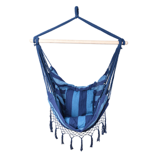 Striped Hanging Rope Hammock Swing Seat with 2 Cushions (Size 100x130cm) - Light and Dark Blue