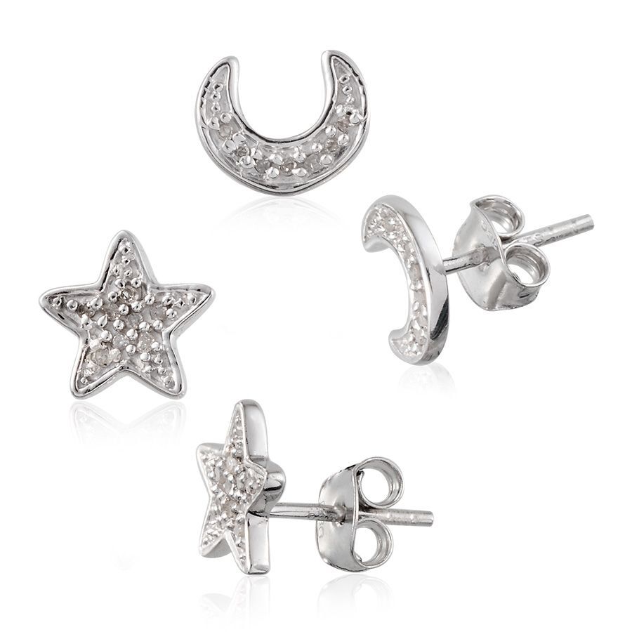 Set of Two - Diamond (Rnd) Star and Crescent Moon Earrings in Platinum Overlay Sterling Silver 0.150