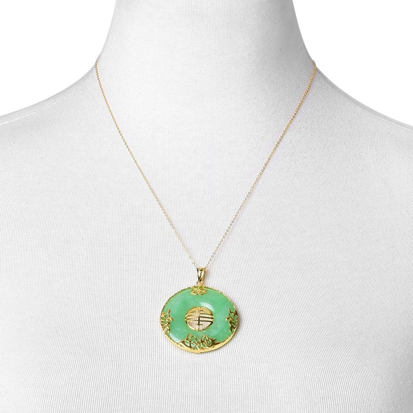 Green Jade Chinese Character FENG (Abundance) Pendant With Chain in Yellow Gold Overlay Sterling Silver 67.000 Ct.