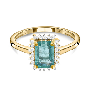 (Size K) 9K Yellow Gold Zambian Emerald and Diamond Ring 1.10 Ct.