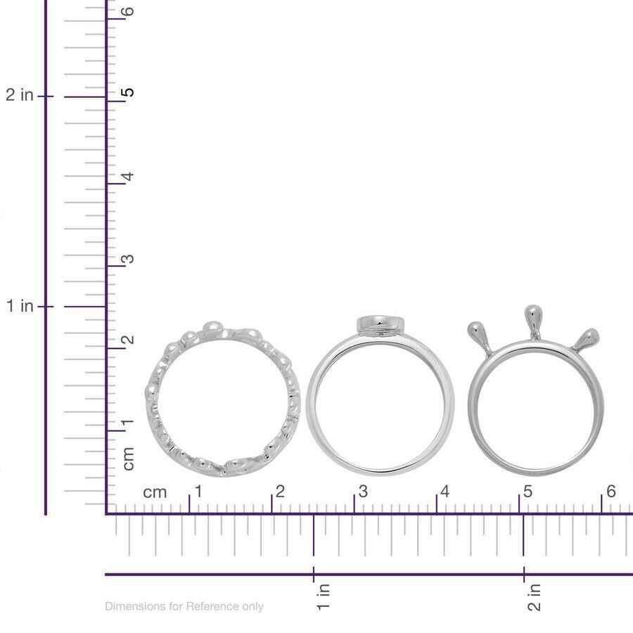 Set of 3 - LucyQ Button, Triple Drip and Ocean Wave Ring in Rhodium Plated Sterling Silver