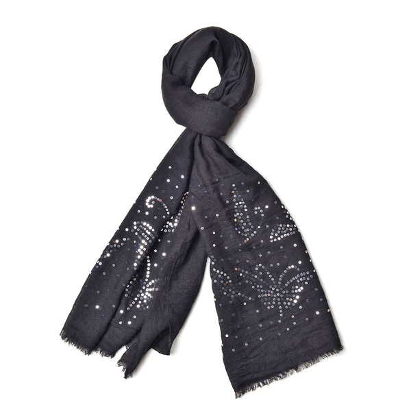 Silver Sequins Embellished Black Colour Butterfly Pattern Scarf with Fringes (Size 180X70 Cm)