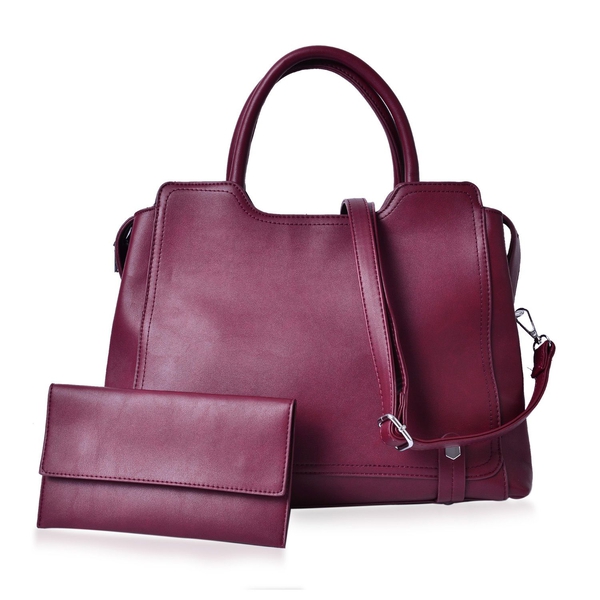 Set of 2 - Burgundy Colour Large Handbag with Adjustable and Removable Shoulder Strap and Small Hand