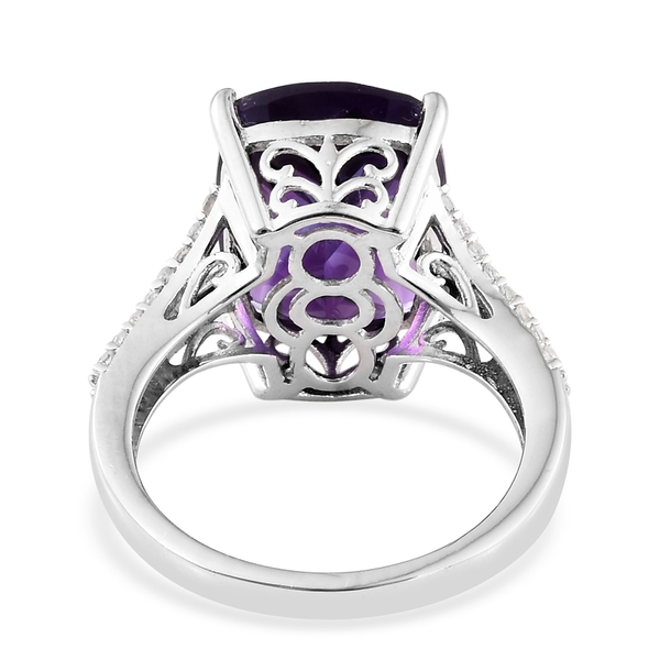 Checkerboard Cut Amethyst (Cush), Natural Cambodian Zircon Ring in Platinum Overlay Sterling Silver 10.500 Ct.