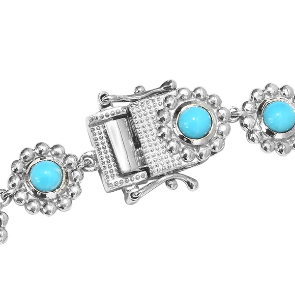 Arizona Sleeping Beauty Turquoise Floral Link Bracelet (Size 7) in Platinum Overlay Sterling Silver wt 11.98 Gms