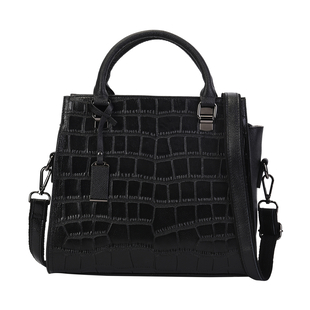 LA MAREY 100% Genuine Leather Stone Embossed Pattern Convertible Bag with Shoulder Strap - Black