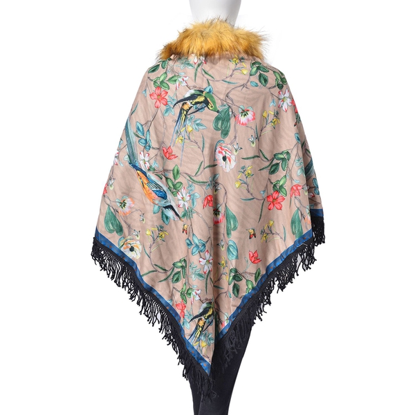 Designer Inspired Grey, Yellow and Multi Colour Floral and Birds Pattern Faux Fur Collar Reversible Poncho with Tassels (Free Size)