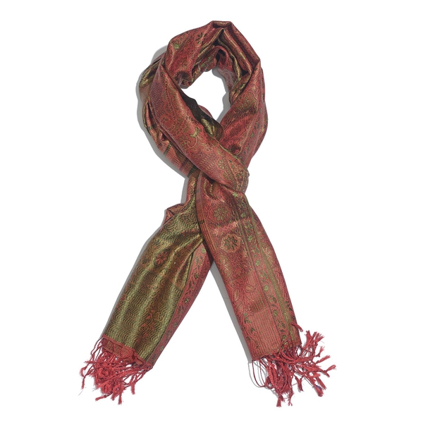 SILK MARK - 100% Superfine Silk Red and Multi Colour Floral and Leaves Pattern Green Colour Jacquard