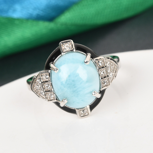 GP- Larimar, Natural Cambodian Zircon and Blue Sapphire Enamelled Ring in Platinum Overlay Sterling 