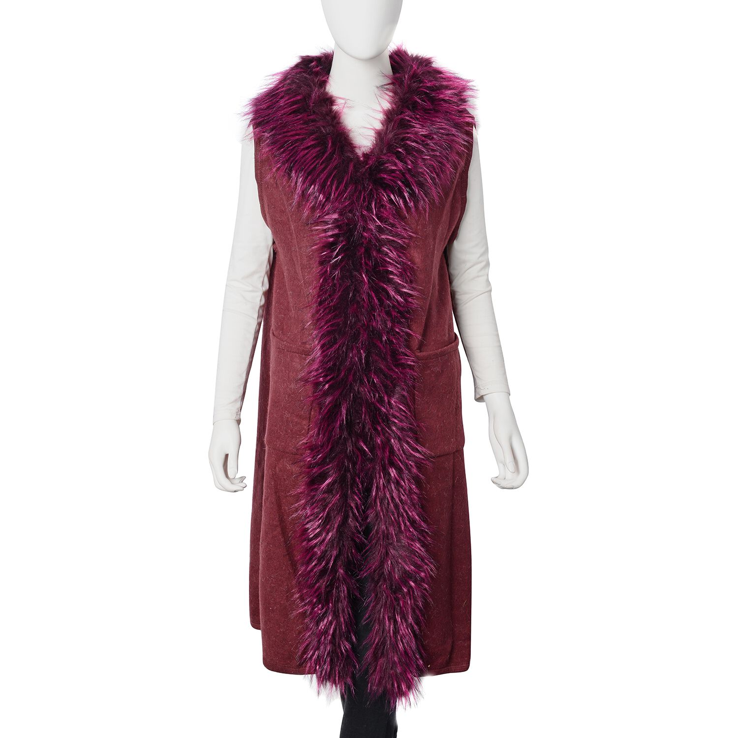 Faux Fur Collar Long Vest Cardigan with 2 Pockets (Size 106x53 Cm) Wine Red Colour