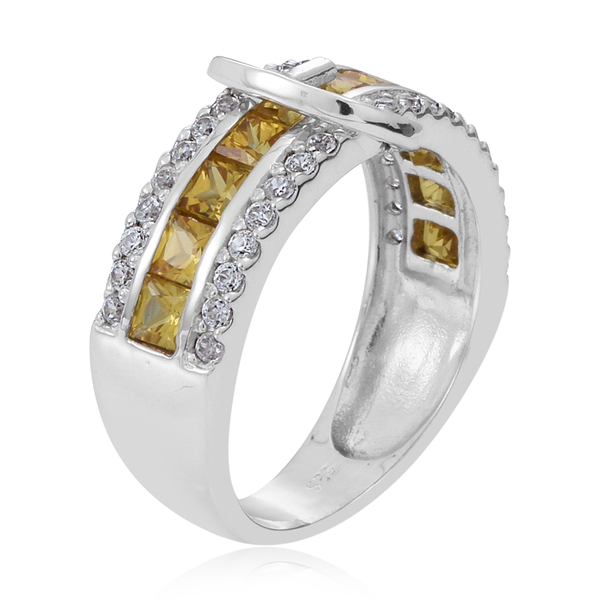 Yellow Sapphire (Sqr), Natural Cambodian Zircon Buckle Ring in  Rhodium Plated Sterling Silver 3.250 Ct.