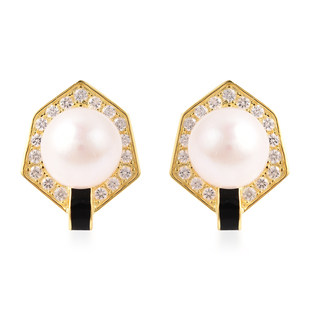 Edison Pearl and Natural Cambodian Zircon Earrings in Yellow Gold Overlay Sterling Silver