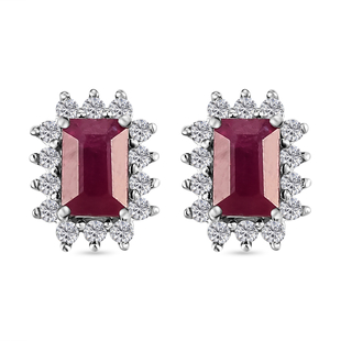 9K White Gold AA African Ruby and Diamond Stud Earrings (With Push Back) 2.24 Ct.