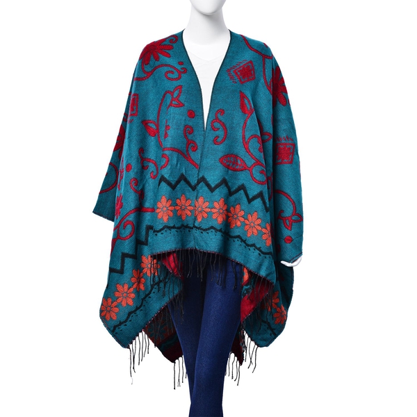 Red and Orange Colour Floral Pattern Green Colour Poncho (Size 130x75 Cm)