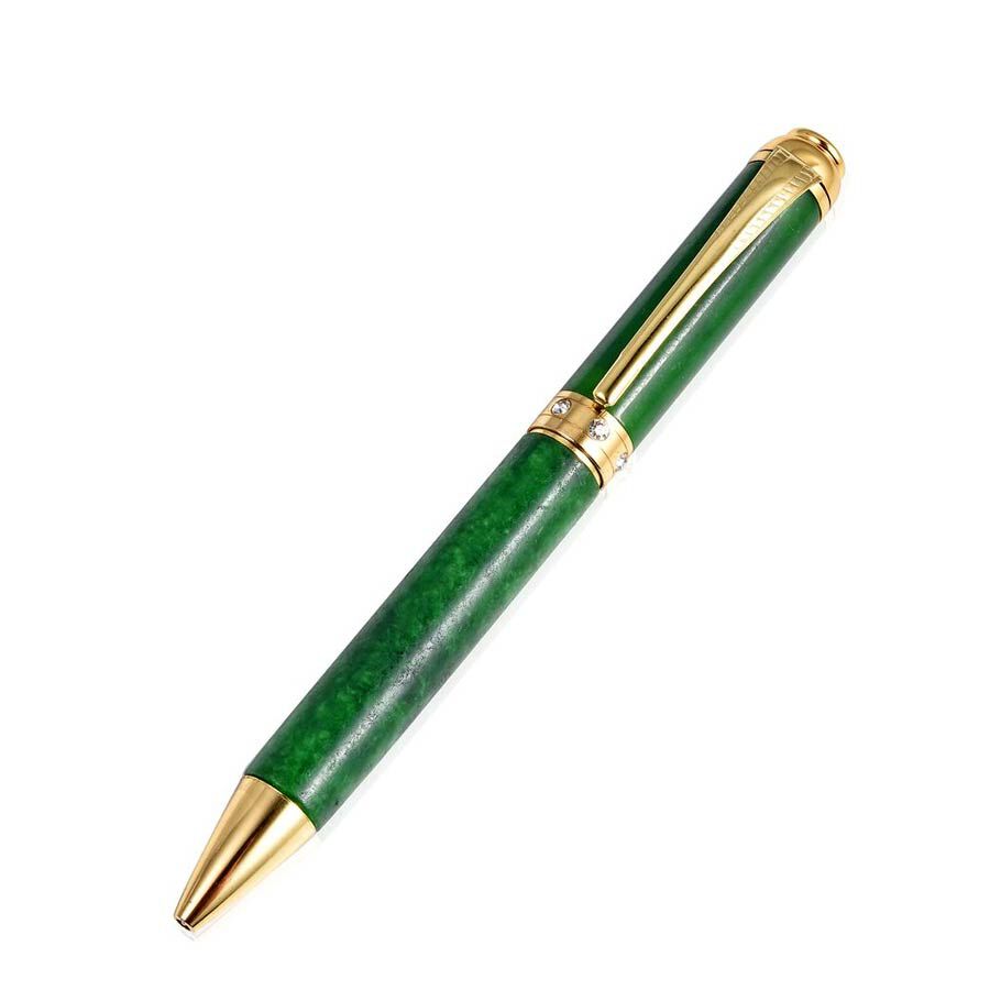 Exclusive Edition Hand Carved Jade Ball Pen with White Crystal in Gold