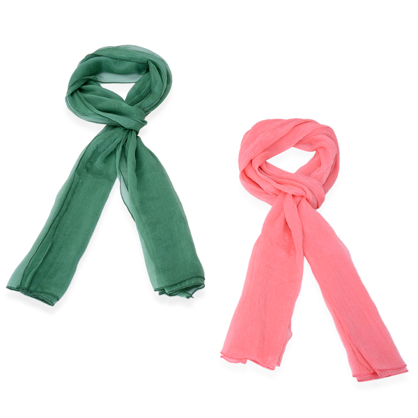 Set of 2 - Designer Inspired Green and Pink Colour Scarf (Size 175x60 Cm)