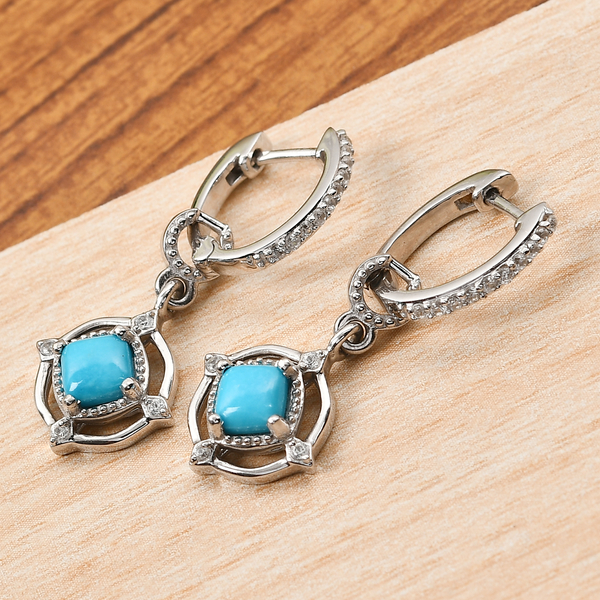 Arizona Sleeping Beauty Turquoise and Natural Cambodian Zircon Detachable Dangling Earrings with Clasp in Platinum Overlay Sterling Silver 1.33 Ct.