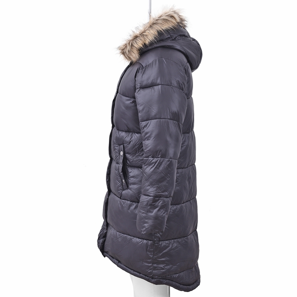 Limited Available- Ladies Long Puffer Jacket with Faux Fur Trim Hood and Two Pockets (Size XX L , 18-20) - Black