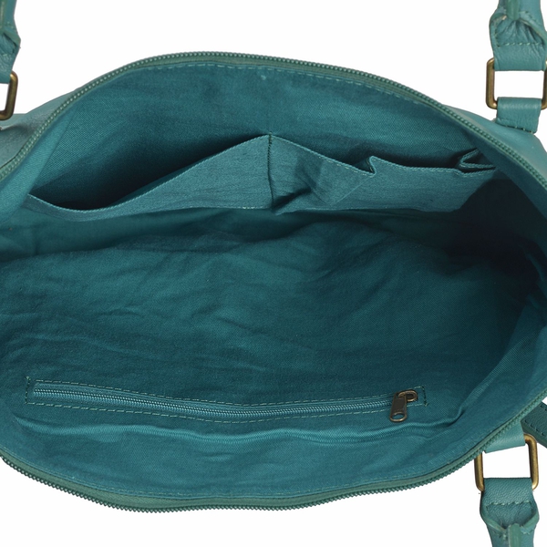 Genuine Leather RFID Teal Colour Handbag with External Zipper Pocket and Adjustable Shoulder Strap (Size 36X32X8 Cm)