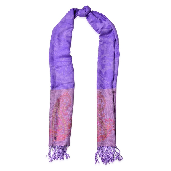 Pink and Multi Colour Floral and Paisley Pattern Purple Colour Scarf with Fringes (Size 170x68 Cm)