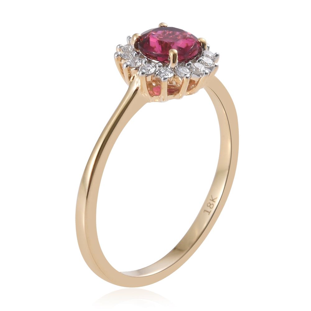 ILIANA 18K Yellow Gold AAA Ouro Fino Rubelite (Rnd), Diamond (SI/G-H) Halo Ring 1.000 Ct.