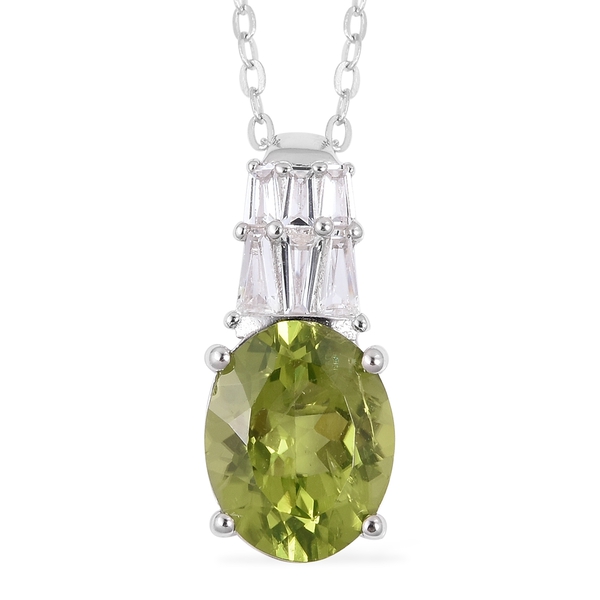 Hebei Peridot (Very Rare Size Ovl 10x8 mm 2.50 Ct) and White Topaz  Pendant With Chain in Rhodium Ov
