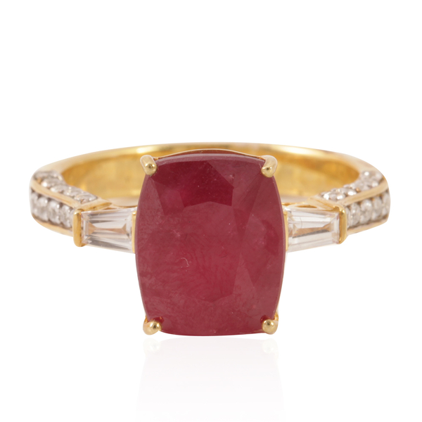 African Ruby (Cush 8.50 Ct), Natural Cambodian White Zircon Ring in 14K Gold Overlay Sterling Silver 9.500 Ct.