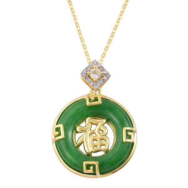 Chinese Green Jade (Rnd 12.75 Ct), White Topaz Chinese Character FU (Happiness) Pendant With Chain i